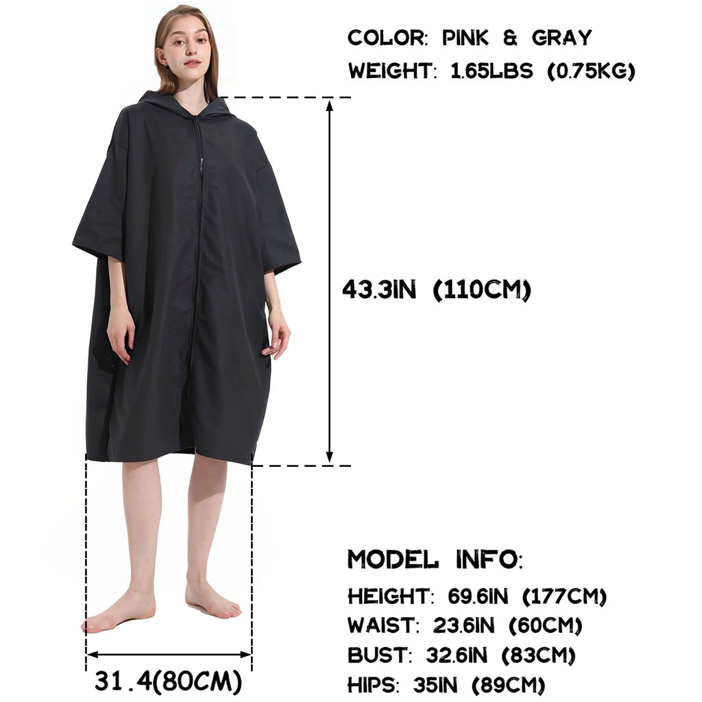 Microfiber Towel Robe with Hood Poncho Quick Changing Robe with Zipper Short Oversized Sleeve Surf Poncho Beach Towel Robe